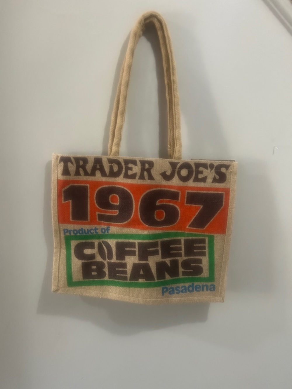Trader Joe's Beige Jute Tote Bag with Orange & Green Print